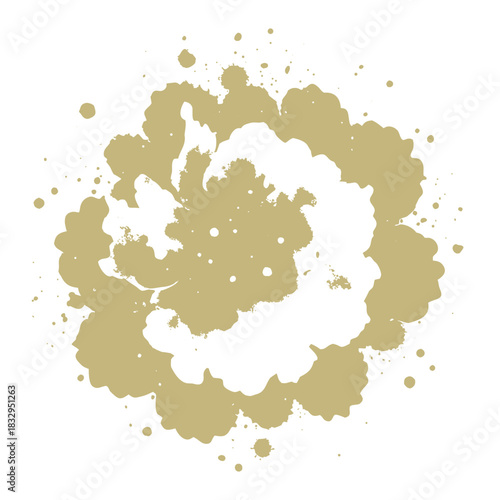 Abstract paint blot with splashes and splatters in earth tone on a white background art
