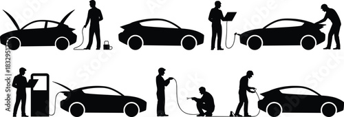 Electric, vehicle, silhouette, charging, cable, posture, inspection, repair, laptop, station, vector, black, pose, setup, maintenance, diagnostics, infrastructure, equipment, technician, flavector
