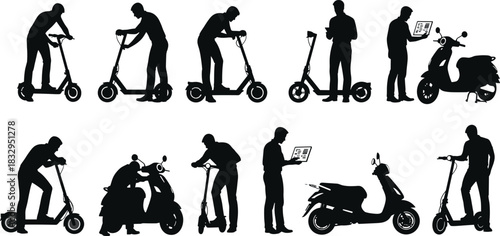 Electric, scooter, moped, silhouette, rider, inspection, repair, digital, device, posture, vector, black, pose, mobility, maintenance, setup, technology, transport, interaction, flavector