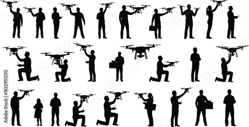 Drone, interaction, silhouette, operator, controller, quadcopter, posture, camera, technology, vector, black, pose, inspection, flight, setup, mobility, aerial, device, activity, flavector