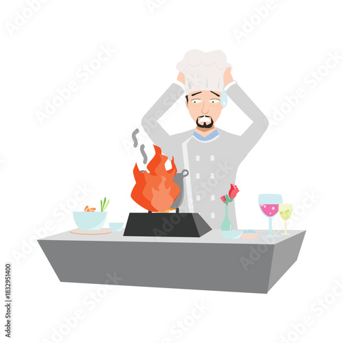 Shocked chef panicking as a fire starts on the stove while cooking