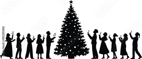 Christmas, caroling, silhouette, singing, posture, tree, music, festive, vector, black, pose, setup, ornament, star, joy, holiday, group, celebration, tradition, flavector