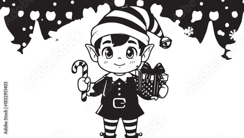 Whimsical Winter Cartoon Child Elf Character Holding Gifts in Festive Style.