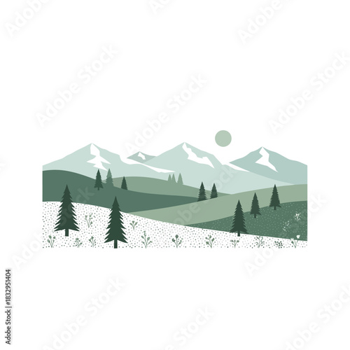 Stylized mountain landscape with pine trees, rolling hills, and a sun in muted green and white tones, featuring a minimalist design.