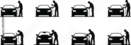 Car, washing, silhouette, posture, spray, scrub, cleaning, vehicle, water, tool, vector, black, pose, setup, maintenance, rinse, foam, bucket, technician, flavector