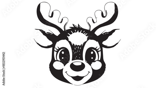 Stylized black and white cartoon deer head with antlers, a playful mascot emblem illustration.