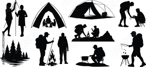 Camping, nature, silhouette, tent, campfire, forest, backpack, posture, gear, hiking, cooking, vector, black, pose, setup, outdoor, recreation, travel, wilderness, flavector