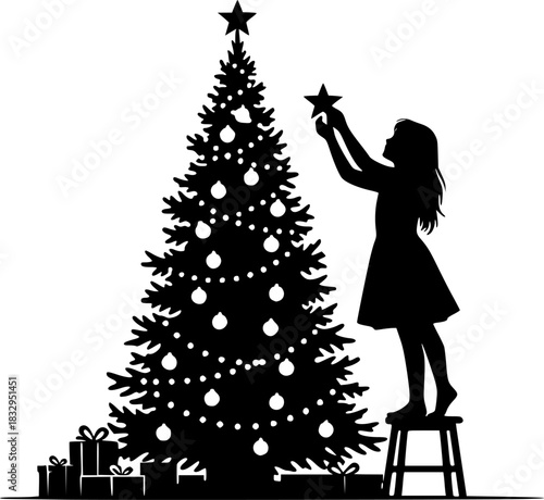 Magical christmas scene silhouette with children decorating tree leaping reindeer and family celebrating festive holiday moments
