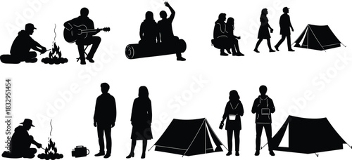 Camping, silhouette, campfire, guitar, tent, sitting, walking, talking, kettle, notebook, cup, vector, black, outdoor, group, activity, relaxation, interaction, flavector