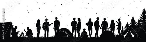 Camping, campfire, silhouette, guitar, tent, forest, night, stars, people, nature, outdoor, leisure, vector, black, group, sitting, standing, activity, connection, flavector