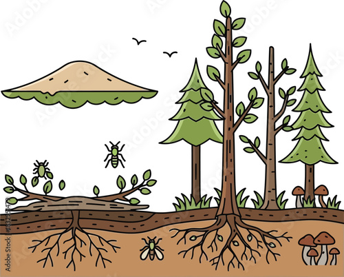 Illustration of a forest ecosystem with trees, insects, mushrooms, and underground roots.