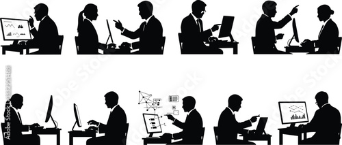 Business, professional, silhouette, desk, computer, data, chart, teamwork, posture, interface, vector, black, pose, setup, analysis, collaboration, digital, screen, technology, flavector