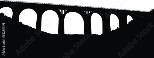 Bridge, arch, silhouette, valley, structure, engineering, landscape, mountain, tree, nature, span, architecture, vector, black, terrain, gorge, design, elevated, crossing, flavector