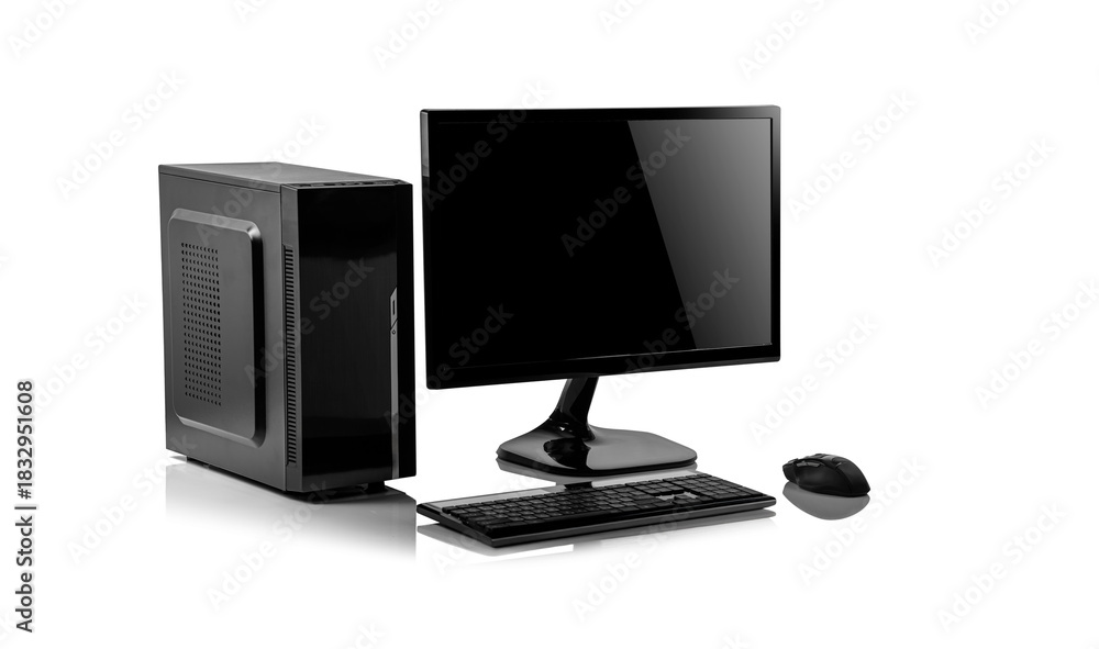 Obraz premium A black desktop computer setup, including a tower case, monitor, keyboard, and mouse, sits on a reflective white surface.