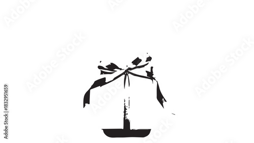Minimalist black and white silhouette of a potted bonsai tree with hanging branches.
