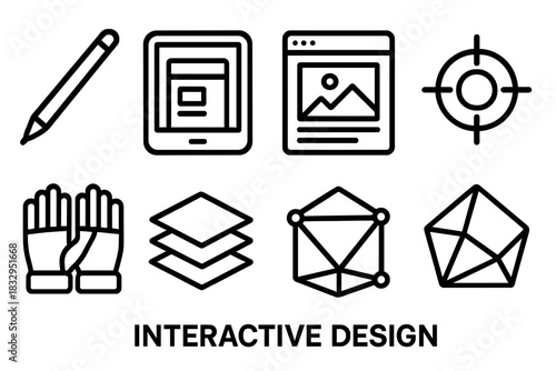 Digital Design Elements. Interactive Design linear icon set. stylus pen, tablet, interface screen, wireframe, target icon, VR gloves, data layer, polygon