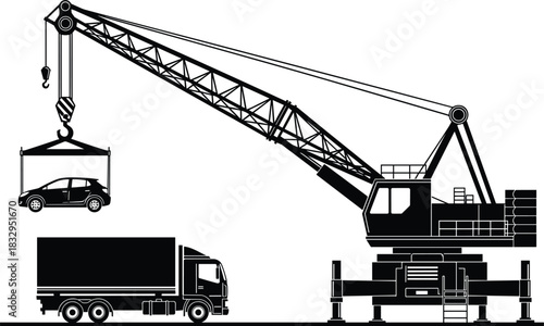Black silhouette vector illustration of heavy industrial crane lifting car near large truck for transport logistics isolated on white background design art.