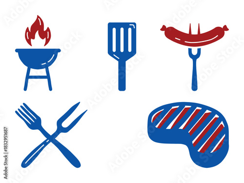 BBQ Tools and Food Vector Icons. Grill, Fork, Spatula, Steak