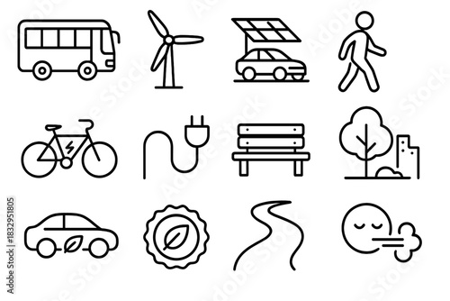 Eco-Friendly Transportation Icons. Sustainable Mobility linear icon set. green bus, wind turbine, solar carport, walking person, electric bike, charging plug, park bench, city tree