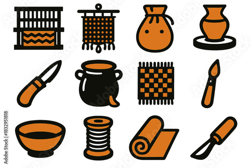 Craft Icon Collection. Traditional crafts silhouette icon set: loom, beadwork, leather pouch, pottery wheel, carving knife, dye pot, woven mat, paintbrush, clay bowl, thread spool