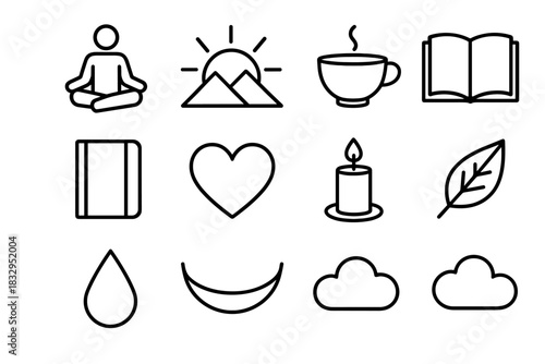 Serene Mindfulness Icons. Mindful Escape linear icon set. yoga pose, sunrise, mountain, tea cup, book, journal, heart, candle, leaf, water drop, hammock, cloud