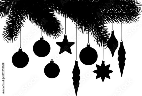 Black silhouette of hanging christmas ornaments from a pine tree isolated on transparent background silhouette
