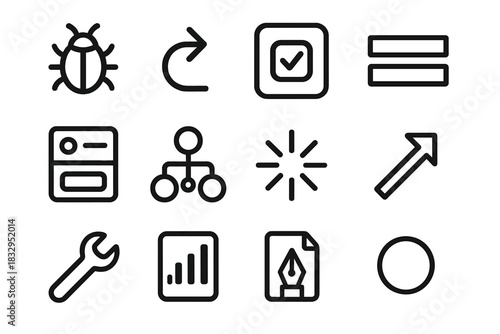 Technical Icon Set. Technical Troubleshooting Workflows Symbols linear icon set: bug icon, fix arrow, test card, workflow stripe, status panel, process nodes, clarity spark