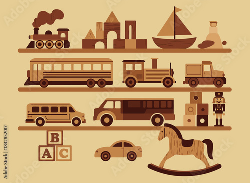 Vintage old wooden toys vector artwork with Santa’s workshop theme, train, rocking horse, soldier, bus, boat, car, and van