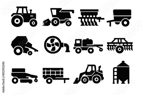 Agricultural Machinery Icons. Agricultural Machinery silhouette icon set. tractor, combine harvester, plow, seed drill, baler, irrigation pump, sprayer, harrow, mower, trailer