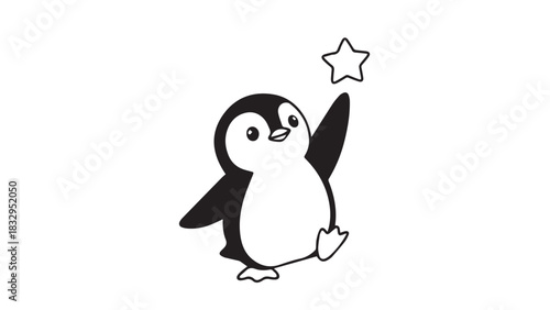 Adorable cartoon penguin raising a wing beside a sparkling star in a cheerful, friendly scene.