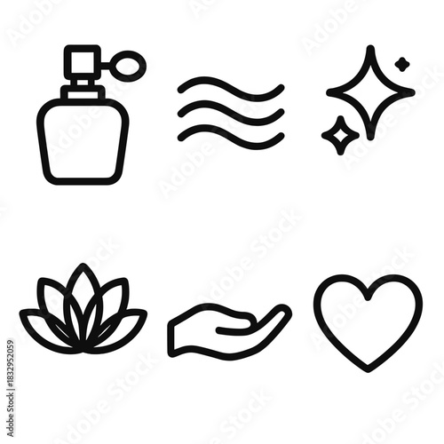 Perfume Symbol Icons. Mindful Scents linear icon set. perfume bottle, wave line, sparkle, lotus flower, open hand, heart