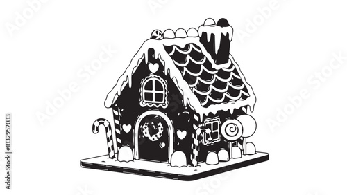 Cute Snowy Cottage Illustration with Snowy Roof, Cozy Stone House in Winter Scene.