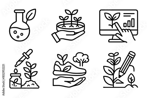 Eco Design Symbols. Plant-based innovation actions linear icon set: developing bio-materials, cultivating samples, analyzing plant data, extracting compounds, testing prototypes