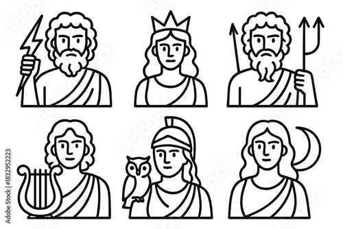 Olympian Deities Icons. Olympian Deities linear icon set: Zeus with lightning bolt, Hera with crown, Poseidon with trident, Athena with owl, Apollo with lyre, Artemis with moon