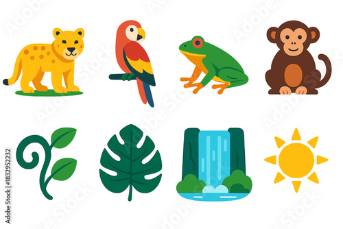 Vibrant Rainforest Icons. Rainforest Animals flat icon set: jaguar, parrot, frog, monkey, vine, tropical leaf, waterfall, sun