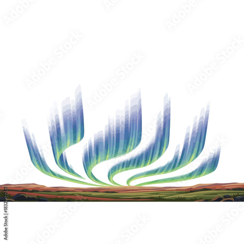 Stylized illustration of the Northern Lights with blue and green aurora borealis arching over a dark horizon.