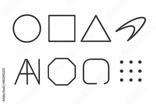 Minimal Logo Icons. Logo Basics linear icon set: circle emblem, square badge, triangle mark, abstract swoosh, monogram letters, geometric frame, minimal line icon, dot cluster