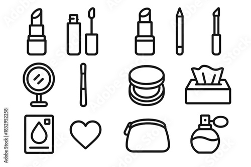 Lip Care Icons. Lip Care and Color linear icon set: lipstick, lip gloss, lip balm, lip liner, mirror, brush, compact case, tissue, color swatch, heart icon, makeup pouch, perfume