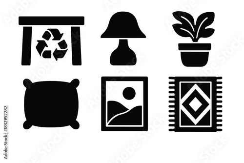 Eco Decor Icons. Eco Home Decor silhouette icon set. recycled table, lamp, fabric cushion, plant pot, wall art, rug
