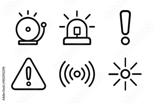 Alert Icons Collection. Alert Signals linear icon set: alarm bell, flashing beacon, exclamation mark, warning triangle, alert wave, signal burst