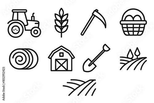 Farm Harvest Icons. Crop Harvest linear icon set: tractor, wheat, scythe, basket, hay bale, barn, shovel, field