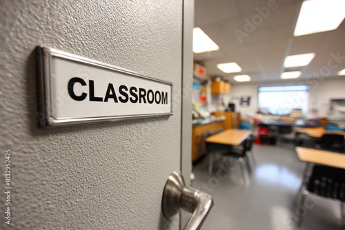 “Classroom sign” and partial defocused view of classroom from outside classroom door
