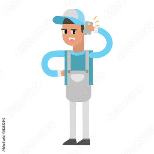 Friendly janitor talking on a mobile phone while standing. Concept of communication or break time