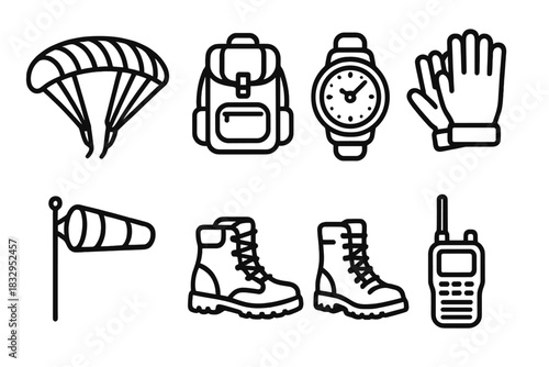 Paragliding Gear Icons. Adventure Flight Gear linear icon set. paraglider wing, control lines, backpack, altimeter, gloves, wind indicator, boots, radio