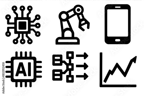 Bold Tech Icons. Tech disruption silhouette icon set. circuit board, robot arm, smartphone, AI chip, data flow, chart line.
