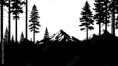 Mountain range and pine forest silhouettes evergreen trees black and white
