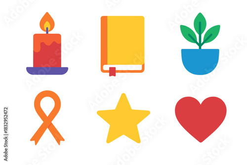 Vibrant Renewal Icons. Personal Renewal set flat icon set: Candle, Notebook, Plant, Ribbon, Star, Heart