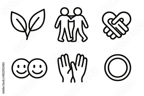 Friendship Icon Set. Friendship linear icon set: paired leaves, joint step, trust knot, shared smile line, gentle wave, unity ring