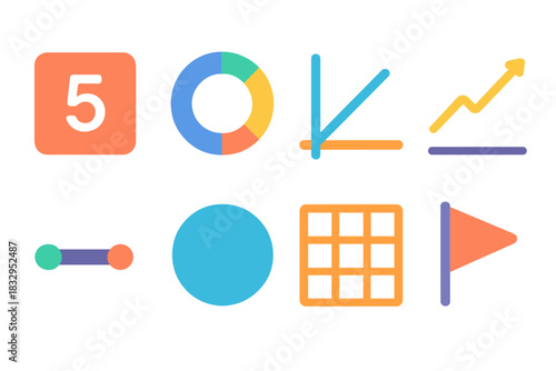 Modern Quantitative Icons. Quantitative Display flat icon set: numeric tile, segment ring, axis pair, slope marker, range bar, category bubble, grid panel, annotation flag