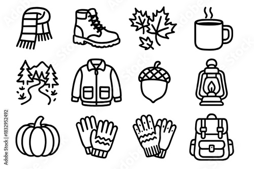Autumn Icons Collection. Autumn Trek linear icon set : wool scarf, boots, fallen leaves, hot drink, forest path, cozy jacket, acorn, lantern, mountain view, pumpkin, knitted gloves